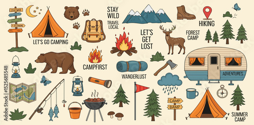 Camping and hiking colored elements. Outdoor adventure emblems. Tourist tent, forest, camp, trees and wild animals. For Camp badges, labels, banners, brochures. Doodle vector illustration