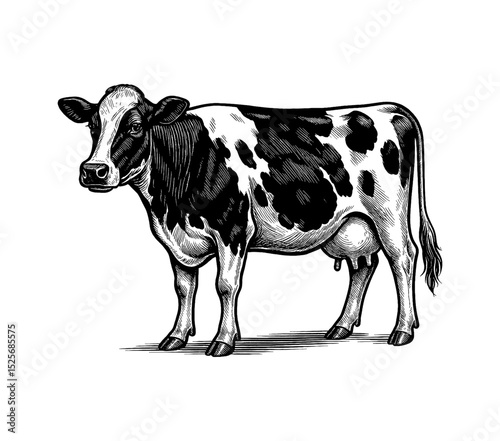 Illustration of black and white Holstein cow standing viewed from the side in full length 