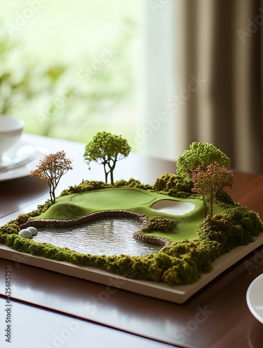 A miniature landscape square model of a golf course, with a water pond and two sand traps, placed on an elegant dining table at home. 
