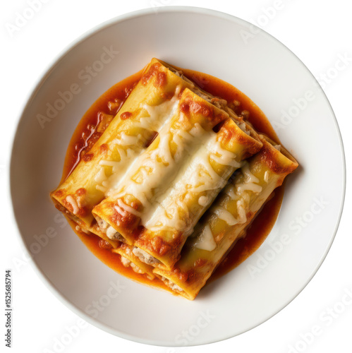 cannelloni fresh pasta in a white dish on transparent background, traditional italian recipe of food
