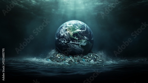 An artistic depiction of Earth submerged in water, symbolizing environmental challenges and climate change.