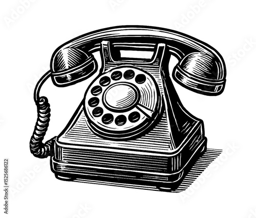 Illustration of black and white vintage rotary telephone with detailed line art engraving