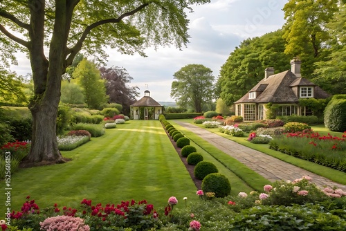 English garden with mowed lawn, blooming flowerbeds, leafy trees, and formal landscaping. Peaceful green parkland scene around house during summer in Britain. Vibrant and scenic.