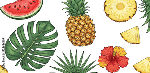 Vector seamless pattern with watermelon, pineapple, hibiscus flower and monstera leaf. Summer holiday, vacation, travel. Background for summer concept, surface design, textile, prin