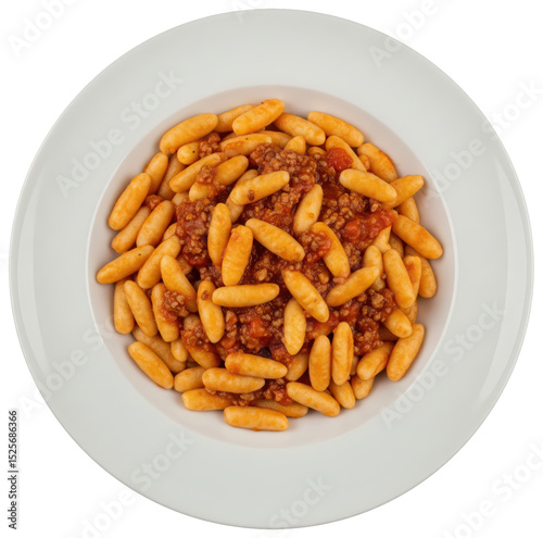 malloreddus pasta in a white dish on transparent background, traditional italian recipe of food