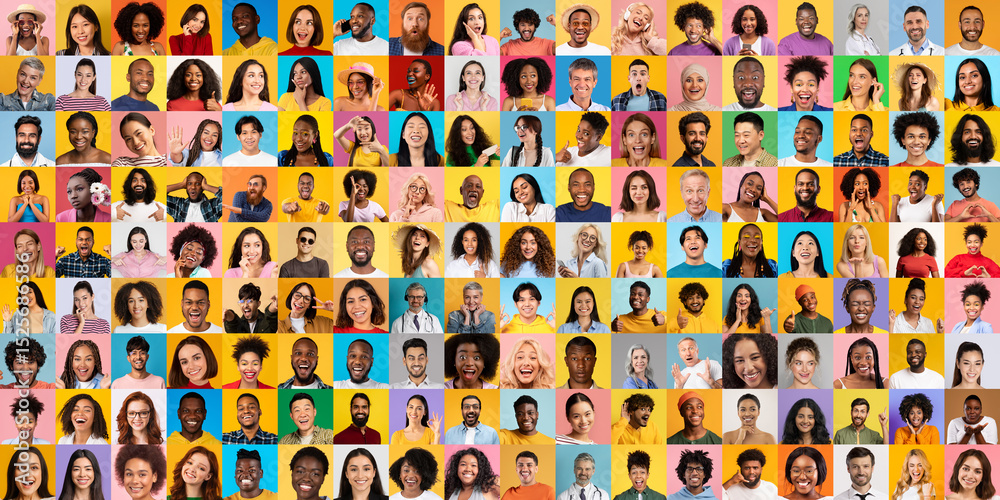 Obraz premium This vibrant collage features diverse individuals from various backgrounds, all smiling and expressing joy.