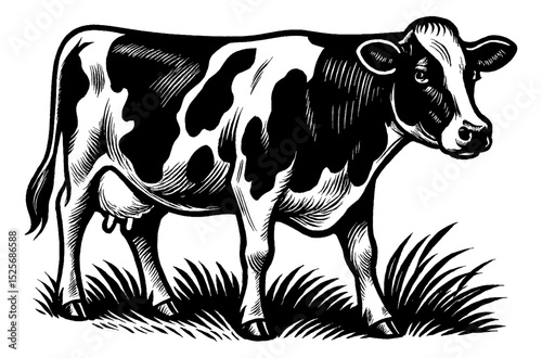 Black and White Illustration of a Holstein Cow Standing in a Grassy Field