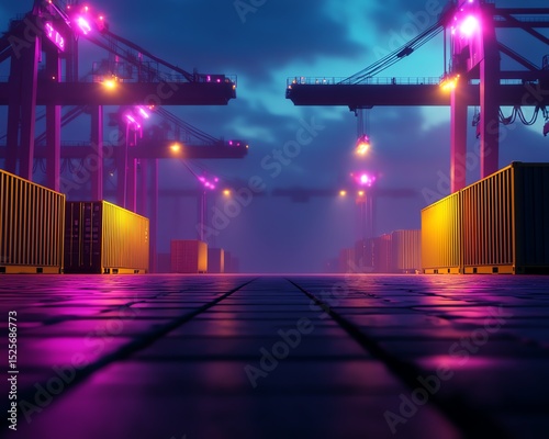 Vibrant night scene of a busy shipping port illuminated by colorful lights and containers.
