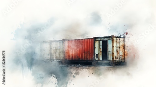 Abstract view of a weathered shipping container surrounded by mist, conveying industrial themes and isolation.