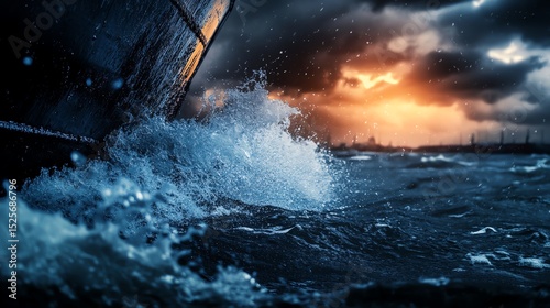 A dramatic seascape featuring crashing waves against a ship's bow under a stormy sky with a vibrant sunset.