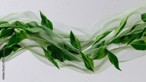 Green leaves intertwined with flowing sheer fabric in soft light  