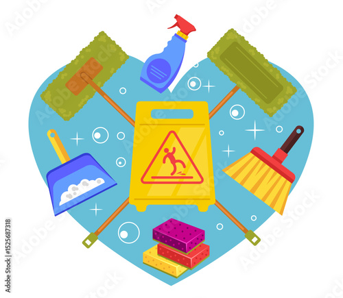 Cleaning tools banner concept with heart shape background. I love cleaning concept. Vector flat graphic design illustration