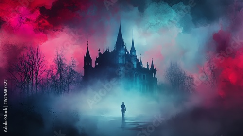 Mysterious castle shrouded in eerie mist, a lone figure approaches. Gothic horror, fantasy art.