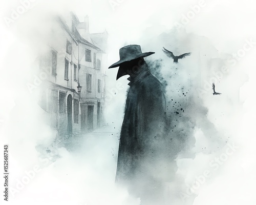 Mysterious plague doctor in foggy, ancient street. Gothic art, dark fantasy, somber atmosphere.