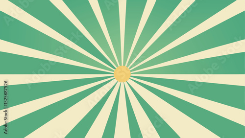 Abstract retro sunburst illustration with green and cream radiating lines and a central sun