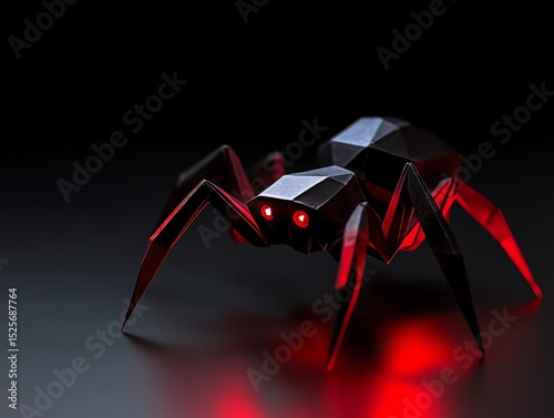 A futuristic robotic spider with glowing red eyes on a dark background.