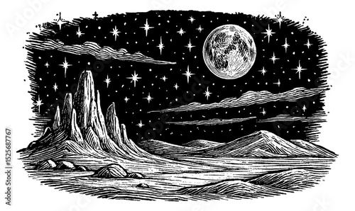 Black and White Engraving of a Moonlit Landscape with Stars and Clouds