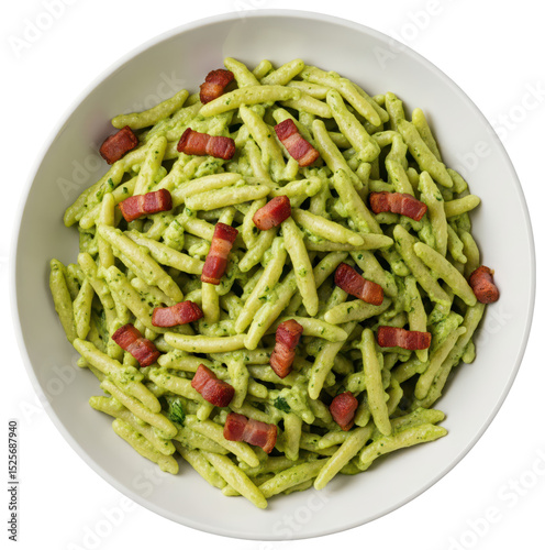 trofie pasta with zucchini and bacon, in a white dish on transparent background, traditional italian recipe of food