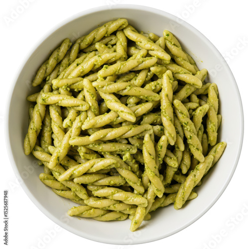 trofie al pesto pasta in a white dish, traditional italian recipe of food