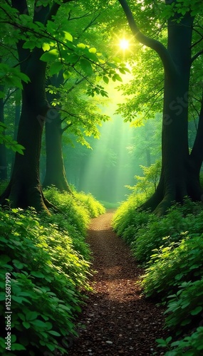 Sun-dappled forest path meanders through lush greenery, sunlight filtering through leaves onto mossy ground Perfect for nature, fantasy, and fairytale themes , background, magical, green
