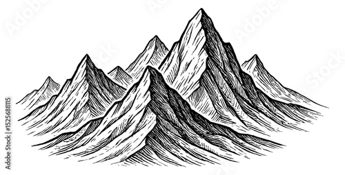 Mountain Range Illustration in Black and White Hatching Style for Landscapes and Nature Imagery
