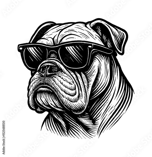 Cool Bulldog Portrait with Sunglasses in Black and White Detailed Line Art Illustration