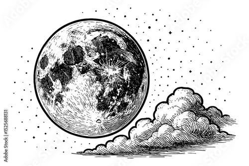 Detailed Engraving of Moon with Clouds and Stars in Black and White