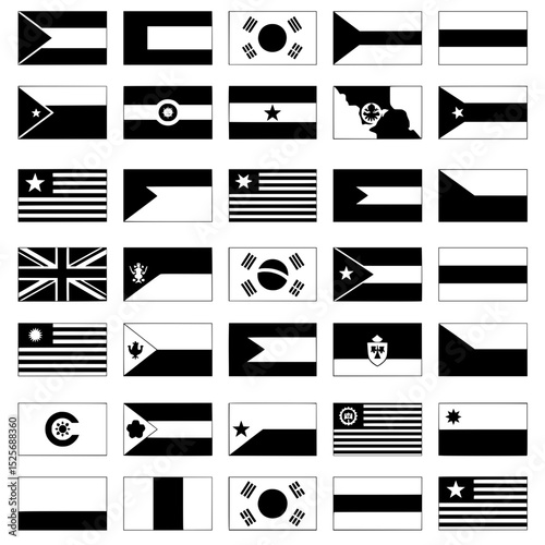 A black and white vector illustration displays a grid of thirty-six stylized flags from various countries and regions, including Korea and the UK.