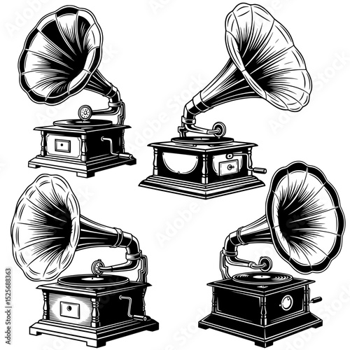 A black and white vector illustration displays four vintage gramophones with large horns, showcasing their classic designs and intricate details from various angles.