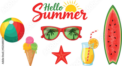Set of summer beach elements in a flat style with lettering sign hello summer, Surfboard, ice cream, cocktail, beach ball, sunglasses and starfish