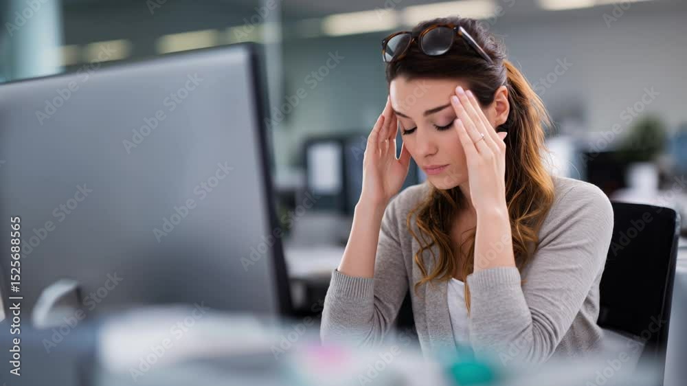 Mulher no escritório com dor de cabeça, expressão de desconforto. Vídeo ideal para temas de estresse, saúde no trabalho e bem-estar
