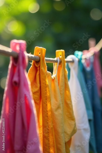 Colorful clothes pegs holding laundry on a rustic wooden clothesline, sunshine and shadows creating a charming outdoor scene Perfect for spring, summer, and home themes , outdoor, dry, garden