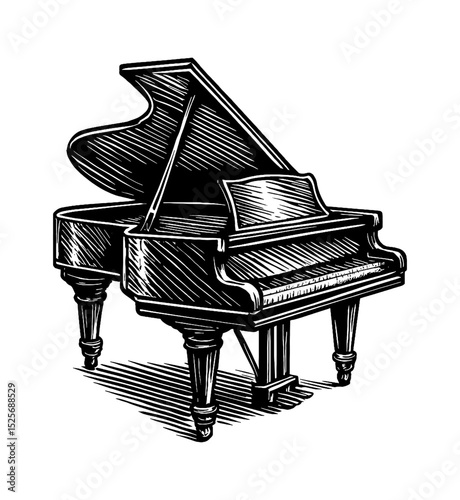 Grand Piano Detailed Engraving Illustration on White Background, Musical Instrument