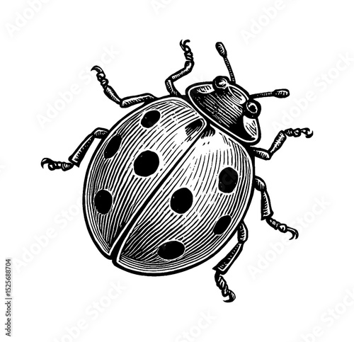 Detailed Engraving Style Illustration of a Ladybug with Spots on a White Background