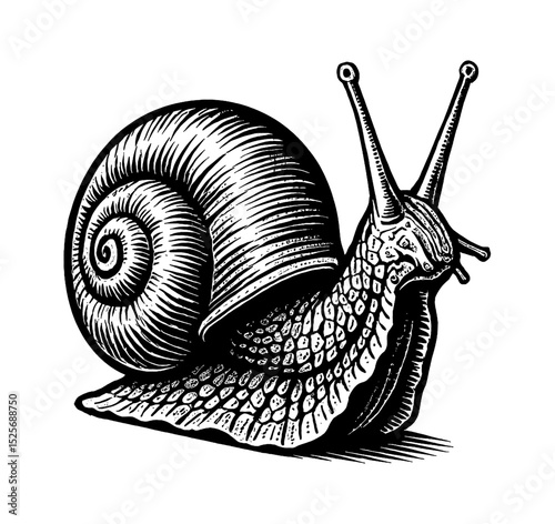 Engraved Illustration of Snail with Detailed Shell and Antennae in Black and White