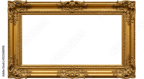 Detailed golden ornate picture frame isolated on white background ready to use