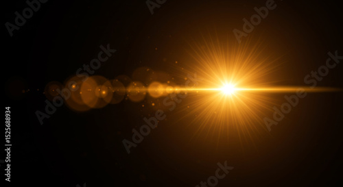 A golden-yellow horizontal light flare with reflective orbs and symmetrical light patterns on a black background.

