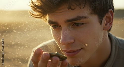 Young Man Examining a Small Object in Golden Light