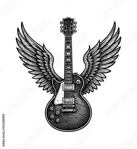 Illustration of an electric guitar with wings in black and white engraved style