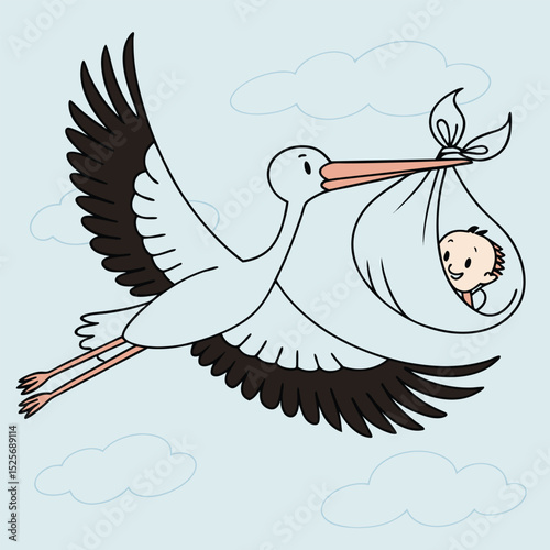 Cartoon illustration of a stork carrying a newborn baby through a partly cloudy sky