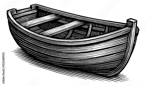 Detailed Engraved Illustration of a Small Rowboat with Wood Grain and Shadow Isolated on White