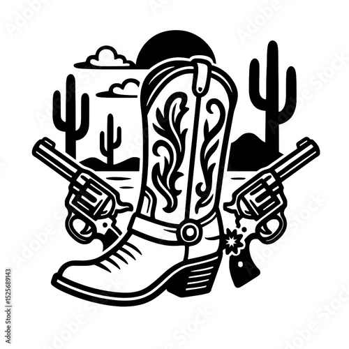 Western Boot with Guns and Desert Vector Illustration