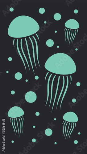 Abstract teal jellyfish silhouettes floating amongst a field of glowing particles
