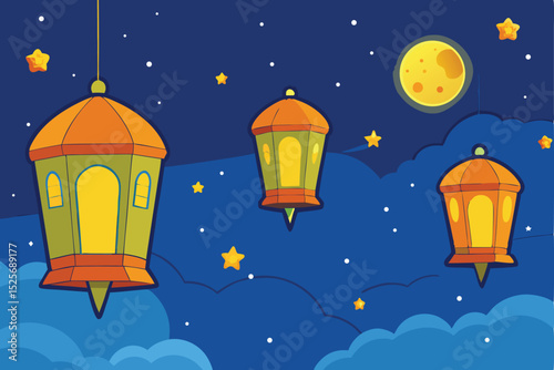 Cartoon illustration of hanging lanterns with stars moon and clouds in a night sky