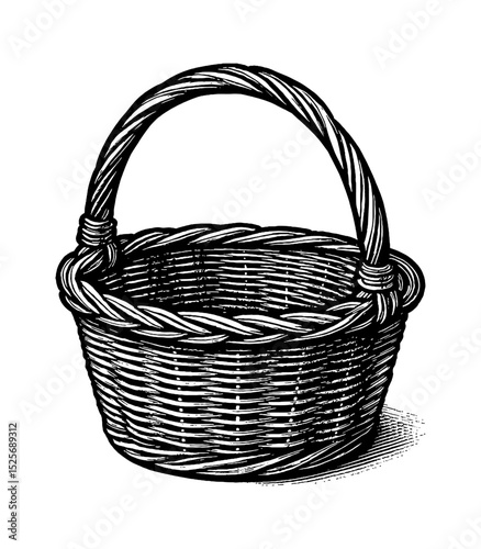 Detailed Engraving Style Illustration of a Woven Basket with Handle Design