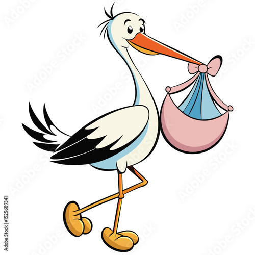 Cartoon stork carrying a bundle celebrating baby arrival newborn infant vector illustration