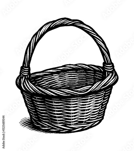 Detailed woodcut illustration of a woven basket with handle in black and white
