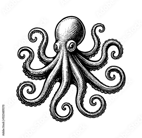 Detailed Engraving of an Octopus with Curly Tentacles, Black and White, Sea Creature