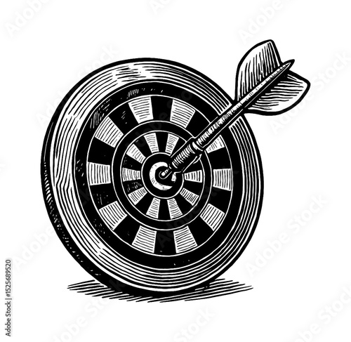Dart arrow hitting target in center engraving style, black and white vector image, perfect hit