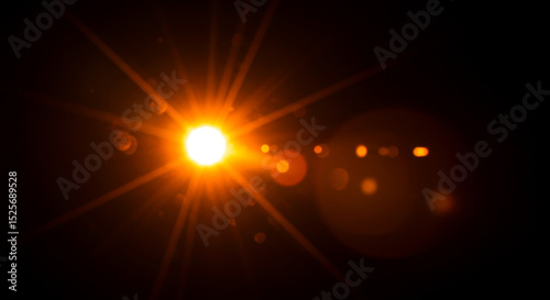 A bright orange light flare effect with radial streaks and circular lens artifacts, resembling a cinematic sunburst.

